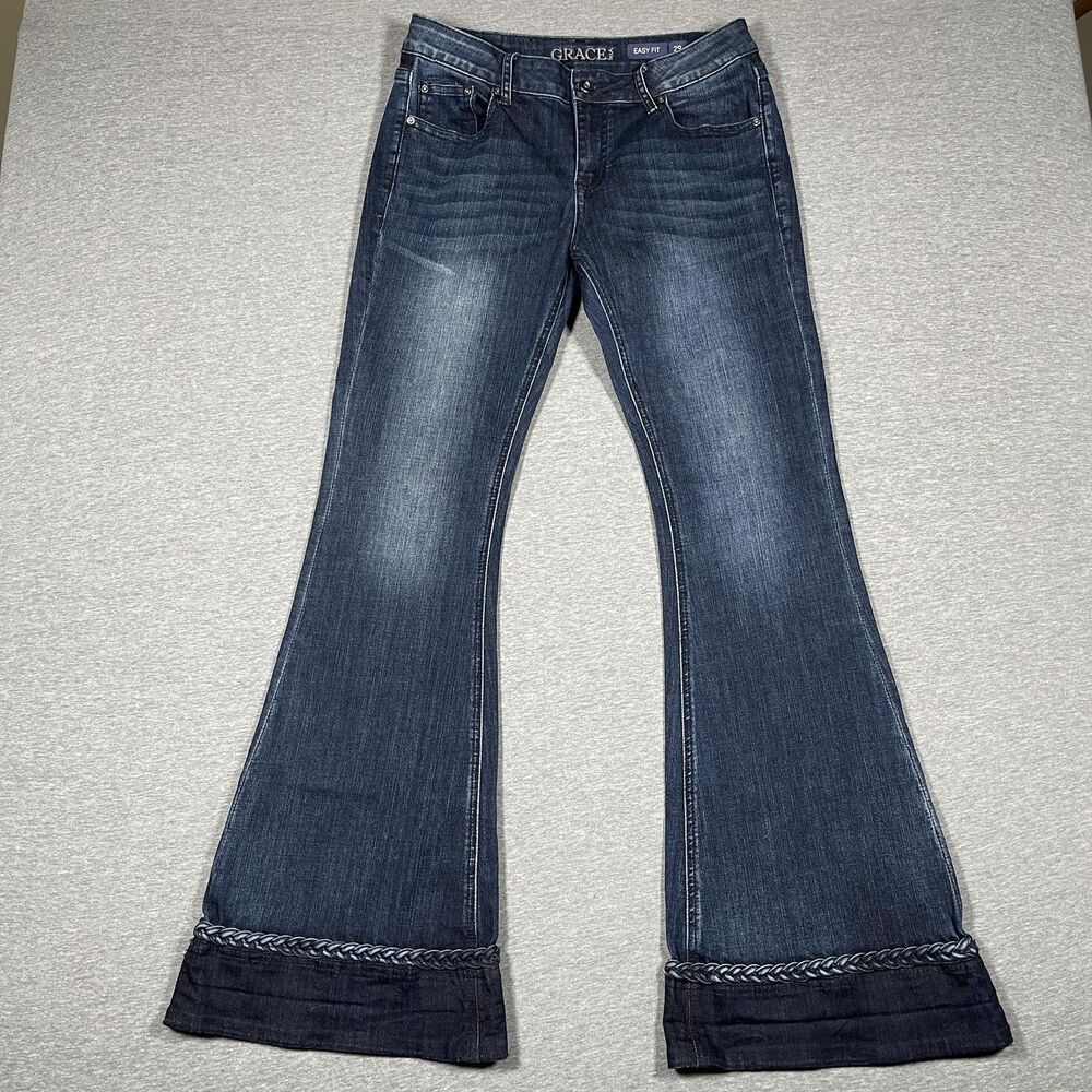Grace In LA Flared Jeans Womens 29 Blue Medium Wash Mid Rise Braided Cuff Denim